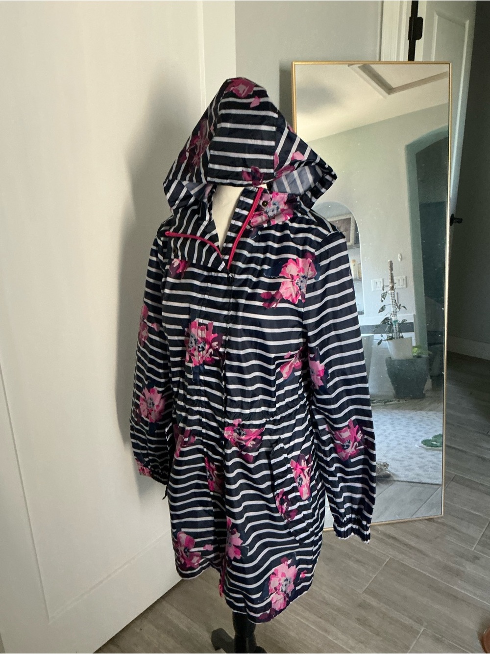 Joules Navy & White Stripe Hooded Raincoat with Pink Floral Accents